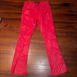 New Valabasas "Banjo" Leather Stacked Flare Matte Red Jeans